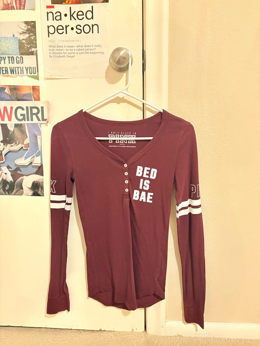 Victoria's Secret Long Sleeve Henley Tee in Maroon with White Print